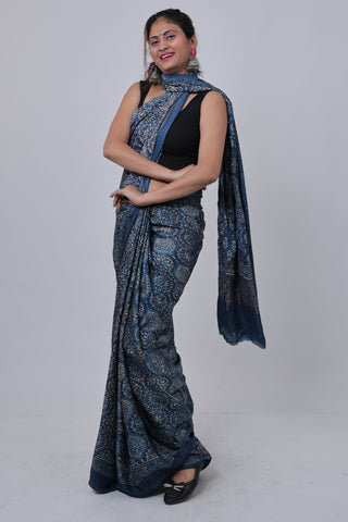 Blue Ajrakh Modal Silk Saree with Unstitched Blouse Piece