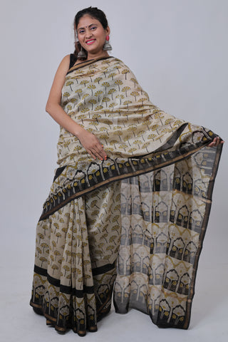 Floral Print Chanderi Silk Saree with Unstitched Blouse Piece