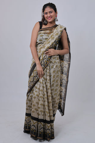 Floral Print Chanderi Silk Saree with Unstitched Blouse Piece