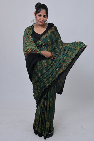 Dark Green Ajrakh Modal Silk Saree with Unstitched Blouse Piece