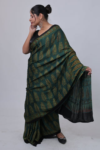 Dark Green Ajrakh Modal Silk Saree with Unstitched Blouse Piece