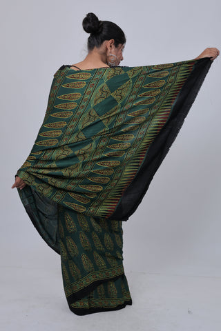 Dark Green Ajrakh Modal Silk Saree with Unstitched Blouse Piece