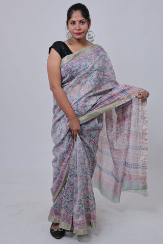 Light Blue Floral Maheshwari Silk Saree with Unstitched Blouse Piece