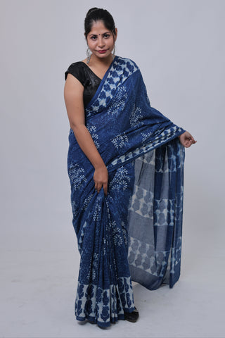 Indigo Office Wear Cotton Saree with Unstitched Blouse Piece