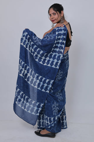 Indigo Office Wear Cotton Saree with Unstitched Blouse Piece