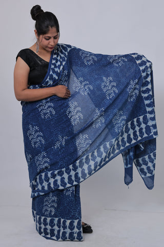 Indigo Office Wear Cotton Saree with Unstitched Blouse Piece