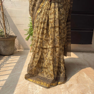 Vanaspati Ajrakh Hand Block Print Kota Doria Cotton Saree with zari border and unstitched Blouse Piece