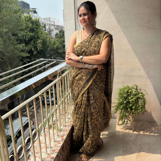 Vanaspati Ajrakh Hand Block Print Kota Doria Cotton Saree with zari border and unstitched Blouse Piece