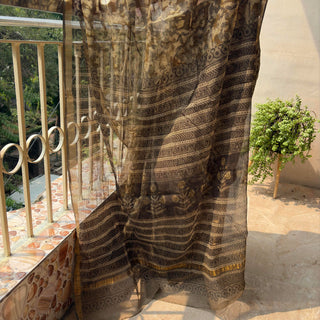 Vanaspati Ajrakh Hand Block Print Kota Doria Cotton Saree with zari border and unstitched Blouse Piece