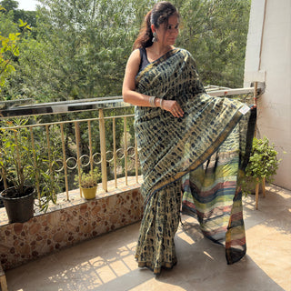 Vanaspati Ajrakh Maheshwari Silk Saree with Unstitched Blouse Piece (No Chemical Dyes)