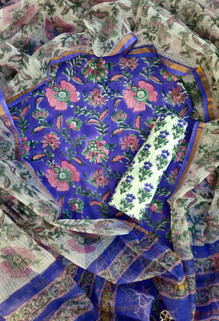 Cotton Handblock Office Wear Suit fabric with Kota Doria Dupatta (Code : 981)