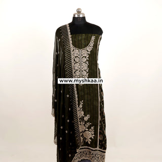 Green Pakistani Organza Party Wear Designer Suit fabric with pure chiffon dupatta