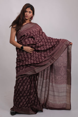 Burgundy Hand Block Print Art Silk Saree with Unstitched Blouse Piece