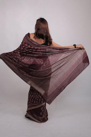 Burgundy Hand Block Print Art Silk Saree with Unstitched Blouse Piece