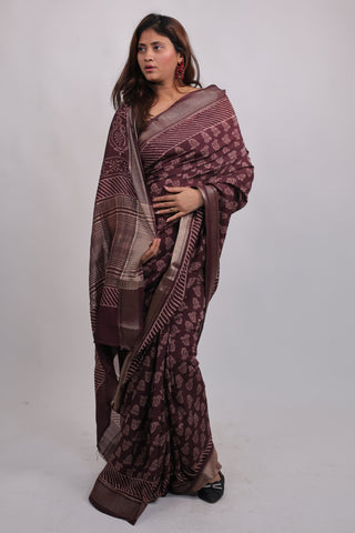 Burgundy Hand Block Print Art Silk Saree with Unstitched Blouse Piece