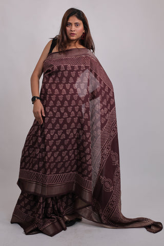 Burgundy Hand Block Print Art Silk Saree with Unstitched Blouse Piece