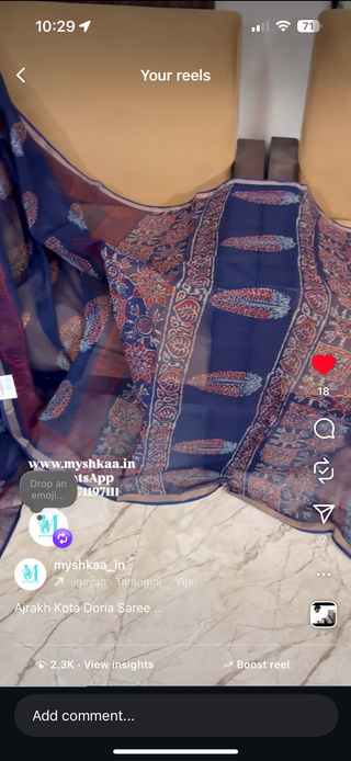 Ajrakh Handblock Print Kota Doria Cotton Saree with Zari border and Unstitched Blouse Piece