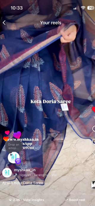 Ajrakh Handblock Print Kota Doria Cotton Saree with Zari border and Unstitched Blouse Piece