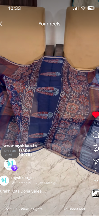 Ajrakh Handblock Print Kota Doria Cotton Saree with Zari border and Unstitched Blouse Piece