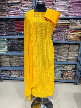 Yellow Georgette Schiffli Work Party Wear Suit Fabric