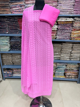 Pink Georgette Schiffli Work Party Wear Suit Fabric