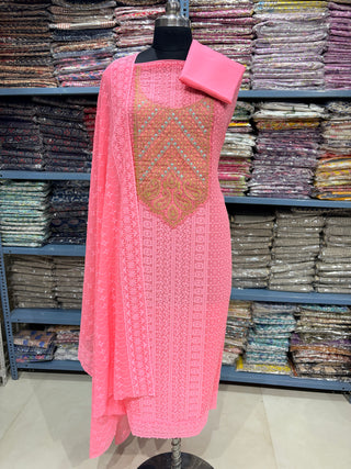 Pink Georgette Schiffli Work Party Wear Suit Fabric