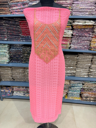 Pink Georgette Schiffli Work Party Wear Suit Fabric