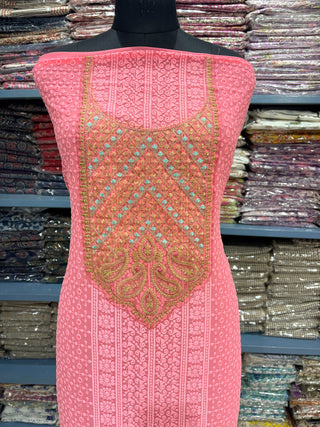 Pink Georgette Schiffli Work Party Wear Suit Fabric