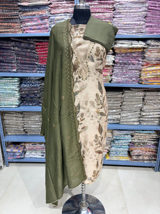 Shimmery tussar Party Wear Suit Fabric with V neck embroidery and muslin dupatta