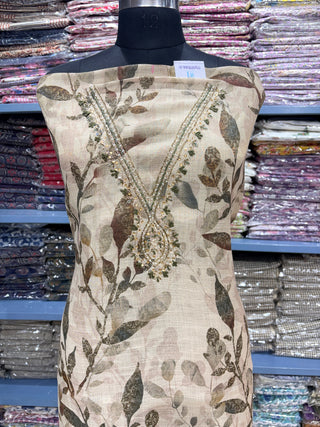 Shimmery tussar Party Wear Suit Fabric with V neck embroidery and muslin dupatta