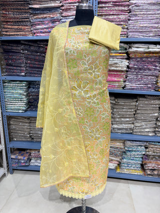 Yellow Party Wear Organza Suit fabric with Neck embroidery and dupatta
