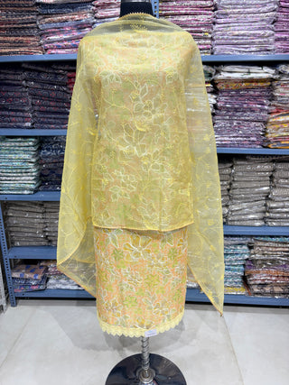 Yellow Party Wear Organza Suit fabric with Neck embroidery and dupatta
