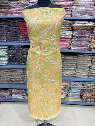 Yellow Party Wear Organza Suit fabric with Neck embroidery and dupatta