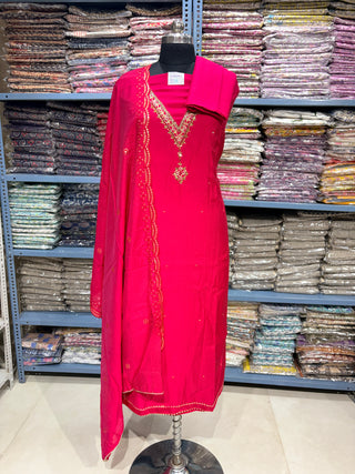 Rani Color Party Wear Modal Silk Suit Fabric and muslin embroidery dupatta