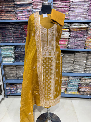 Mustard Color Crushed Shimmer Party Wear Designer Suit fabric with dupatta