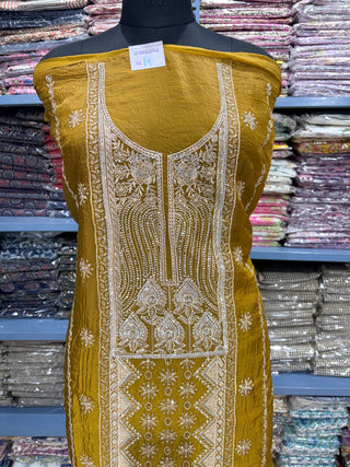 Mustard Color Crushed Shimmer Party Wear Designer Suit fabric with dupatta