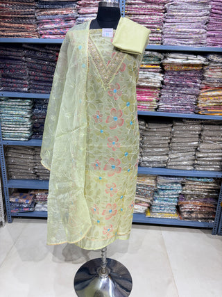 Light Green Party Wear Organza Suit fabric with Neck embroidery and dupatta