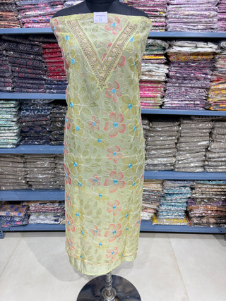 Light Green Party Wear Organza Suit fabric with Neck embroidery and dupatta