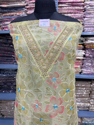 Light Green Party Wear Organza Suit fabric with Neck embroidery and dupatta