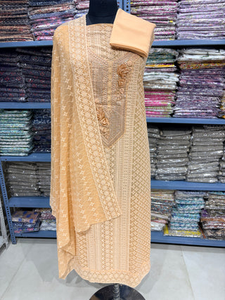 Beige Georgette Schiffli Work Party Wear Suit Fabric