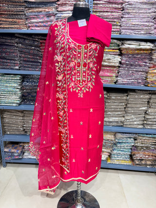 Red Modal Cotton suit with floral embroidery and organza dupatta