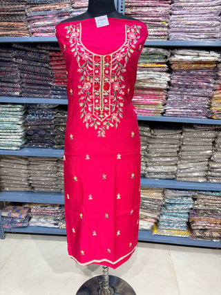 Red Modal Cotton suit with floral embroidery and organza dupatta