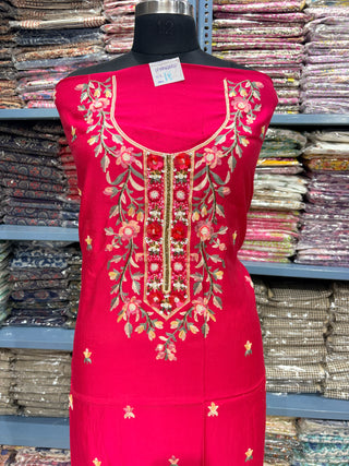 Red Modal Cotton suit with floral embroidery and organza dupatta