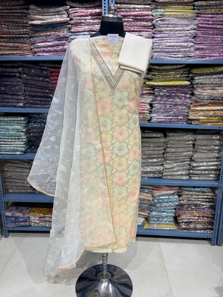 Party Wear Organza Suit fabric with Neck embroidery and dupatta