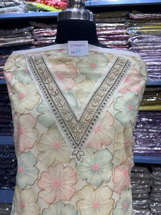 Party Wear Organza Suit fabric with Neck embroidery and dupatta