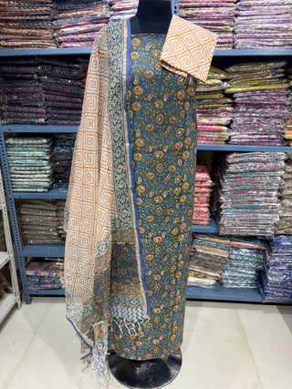 Cotton Block Print Office Wear Suit fabric with Kota Doria Dupatta