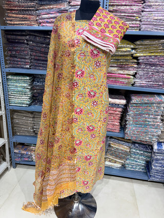 Premium Cotton Block Print Office Wear Suit fabric with Kota Doria Dupatta (44 inch width) and Heavy Bottom