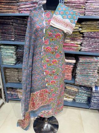 Premium Cotton Block Print Office Wear Suit fabric with Kota Doria Dupatta (44 inch width) and Heavy Bottom