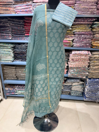 sea green Hand block kota doria suit set for office wear (with extra lining included)