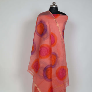 Orange Hand block kota doria suit fabric with dupatta